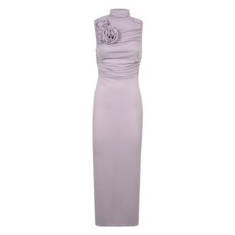 Magda Butrym Jurk met mock-nek en ruches- midi-lengte - Dames - Feestkleedjes - Paars - XS - Rayon - Kleedjes