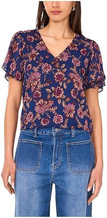 Vince Camuto V-Neck Short Ruffle Sleeve Blouse Womens Clothing Deep Sky : XS, Polyester