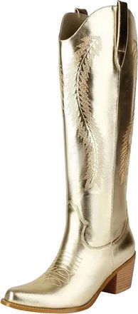 Generic Womens Western Knee High Boots Square Toe Med Block Heel Side Zipper With Classic Decorative Embroidery