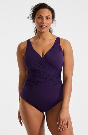 Lands End SlenderSuit Wrap One Piece Swimsuit in Blackberry at Nordstrom, Size 18W