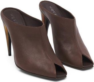 Alexander McQueen Horn Shaped Heel Peep Toe Mule in Vintage Brown at Nordstrom, Size 7.5Us