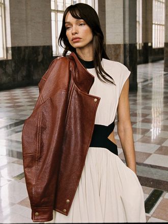 Reiss Chestnut Brown Textured Leather Oversized Jacket, 14