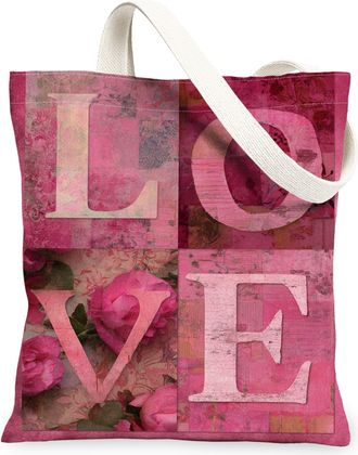 Generic Love Floral Canvas Tote Bags, Elegant Flower Design Reusable Shopping Bags, Romantic Vintage Lightweight Washable Shoulder, Peach, 13x15 Inch