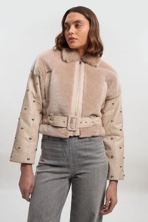 Karen Millen Womens Shearling & Leather Mix Studded Biker Jacket - Cream - Size 14 UK