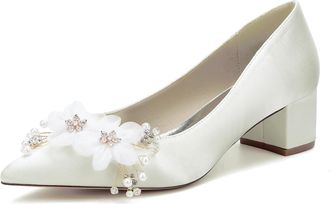 Generic Wedding Prom Shoes Women Bridal Pointy Toe Satin Low Heels Slip-On Rhinestones Evening Dressy Pumps 4.5Cm,Ivory,10 UK