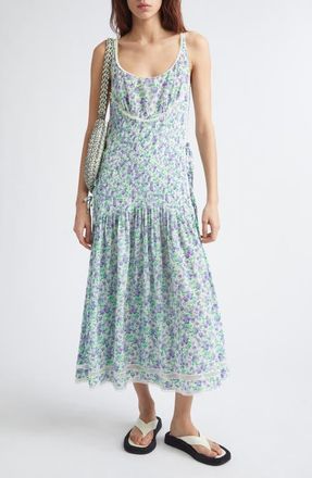 Paco Rabanne Liberty Floral Print Sleeveless Silk Midi Dress in Fleural Purple /Green / at Nordstrom, Size 6 Us