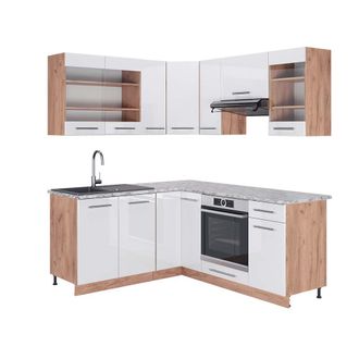 Vicco Cocina Esquinera Fame-line, Blanco Brillo Intenso/roble Dorado, 160 X 190 Cm, Et M&aacute;rmol