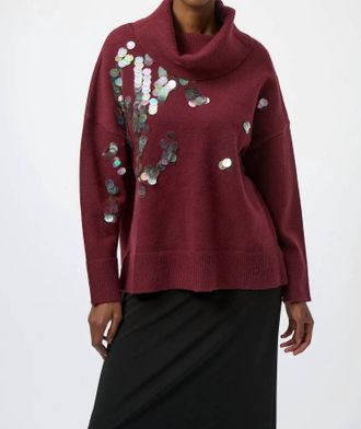 Joseph Ribkoff Sequined Turtle Neck Pullover Sweater Top In Merlot