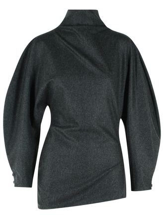 Khaite Charcoal Harlow Sculpted High Collar Wool-Cashmere Top