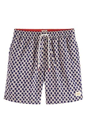 Scotch & Soda Print Mid Length Swim Trunks in Polka Navy Blue at Nordstrom, Size Small