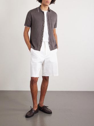 Fedeli Camp-Collar Contrast-Tipped Linen and Cotton-Blend Shirt