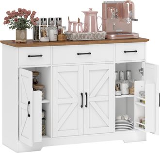 OEM Aparador De Cocina R&uacute;stico 4 Estantes De Puerta Estantes Ajustables 3 Cajones 120x38x87 Cm Blanco Y Nogal