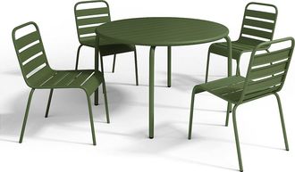 Vente-Unique Comedor de jard&iacute;n de metal - Mesa D.110 cm y 4 sillas apilables - Verde caqui - MIRMANDE