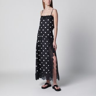 Sportmax Long polka-dot silk dress with lace in black