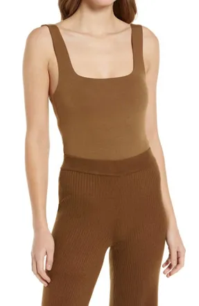 Good American Womens Square Neck Tank Bodysuit In Sepia