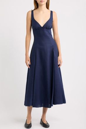 Faithfull The Brand Adalee Linen Midi Dress in Navy at Nordstrom, Size Xx-Large