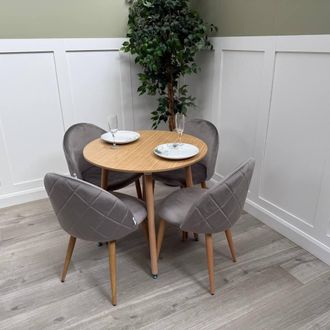 Life Interiors Lucia Dining Set Round Oak Table + 4 Velvet Dining Chairs in Grey