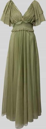 Lace & Beads Abendkleid mit Smok-Details in Oliv, Größe XS