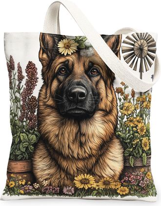 Generic Spring German Shepherd Dog Canvas Tote Bag for Shopping 13x15, Farmhouse Country Puppy Reusable Grocery Print Bag for Women, Farm Pet Beach Aesthetic 