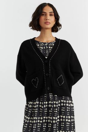 Chinti and Parker Black Wool-Cashmere Queen of Hearts Cardigan