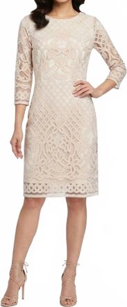 Gabby Skye Geometric Lace 3/4-Sleeve Party Dress In Taupe Beige