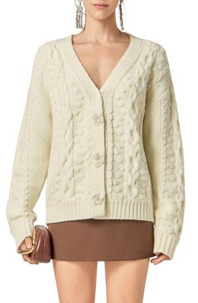 English Factory V-Neck Cable Cardigan with Floral Buttons in Off White at Nordstrom, Size X-Small
