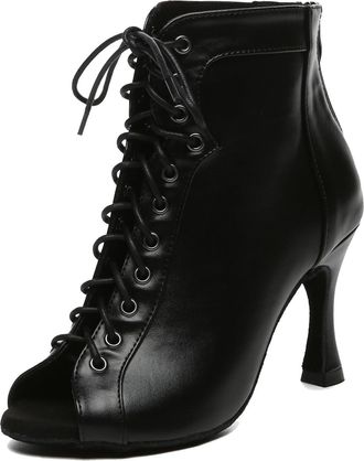 Minitoo Ladies Ballroom Salsa Latin Dance Shoes Sexy Prom Evening Ankle Sandal Boots L627 Black 9cm Heel UK 7