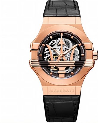 Maserati R8821108025 Automatic Skeleton Dial Mens Watch in Rose Gold and Black Leather - Size 42mm