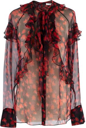 Givenchy Red and Black Floral Sheer Silk Blouse Size XS