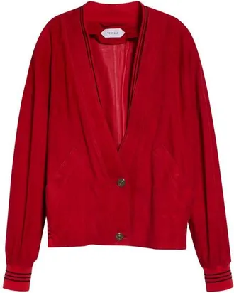 Versace Lambskin Suede V-Neck Blouson Jacket in Red Matisse at Nordstrom, Size 42