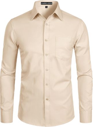 PARKLEES Mens Long Sleeve Dress Shirt Solid Slim Fit Casual Business Formal Button Up Shirts with Pocket Beige 2XL