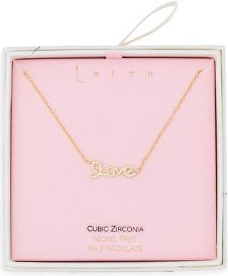 Leith Cubic Zirconia Love Script Pendant Necklace in Clear- Gold at Nordstrom Rack