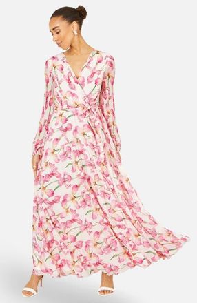 Yumi Orchid Floral Pleated Wrap Maxi Dress in Ivory at Nordstrom, Size 10