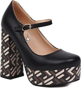 Generic Womens Round Toe PU Leather Mary Janes Ankle Strap Party Prom Shoes with Buckle Chunky High Heel Platform Pumps,Black,5.5 UK