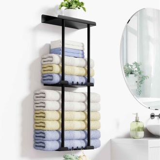 OEM Toallero De Pared Ling - No Requiere Taladrar - Para Ba&ntilde;o - Negro Mate - Con 6 Ganchos Y Barandilla - Para Ba&ntilde;o Y Cocina - Negro