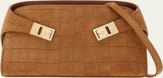 Ferragamo Hug Croc-Embossed Suede Clutch Bag