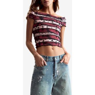 Desigual Paneled Off the Shoulder Stretch Cotton Crop Top in Fuchsia at Nordstrom, Size X-Large