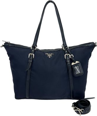 Prada Black Navy Nylon Leather Boston Bag Shoulder Bag Tote Bag (Pre-Owned)