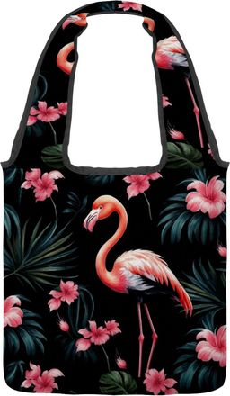 Generic Art Pink Floral Flamingo Reversible Canvas Shoulder Tote - Double-Sided Print, 12oz Cotton, 27cm Drop, Fold-Flat Bag for Travel, Shopping, Street Outi