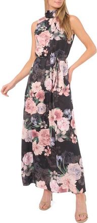 Ted Baker Floral Tie Neck Maxi Dress in Black/Coral Pink at Nordstrom, Size 10