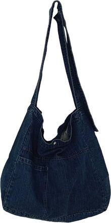 Generic Large Capacity Foldable Satchel Bag Versatile Jeans Top Handle Bag Unisex Denim Tote Handbag Casual Reusable Bag (Dark Blue)