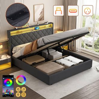 Matteo Grey Linen Double Ottoman Bed Frame - Hydraulic Storage, LED, Charging