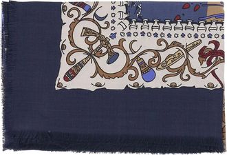 Ferragamo Zijden en wollen sjaal met patroon - Dames - Accessoires - Blauw - Maat: ONE Size Zijde