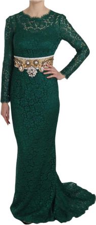 Dolce & Gabbana Crystal Gold Belt Lace Sheath Gown - Dames - Avondkleed - Groen - M - Katoen - Kleedjes