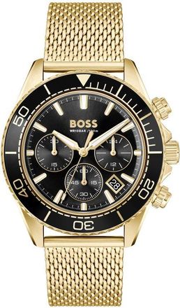 BOSS Sealiner Chronograph Goldtone Mesh Strap Watch, 44mm in Black at Nordstrom