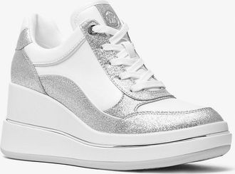 Michael Kors Emmy Glitter Embellished Leather Wedge Trainer