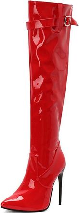 Generic Womens Pointed Toe Stiletto Ultra High Heel Over The Knee Boots with Buckle Strap Zipper Pull On Winter Nightclub Dance Shoes (5.5,Red)