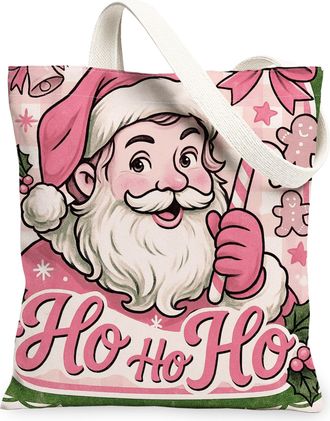 Generic Christmas Santa Canvas Tote Bags, Fanciful Holiday Design Reusable Grocery Bags, Festive Lightweight Washable Shoulder Stra, Peach, 13x15 Inch