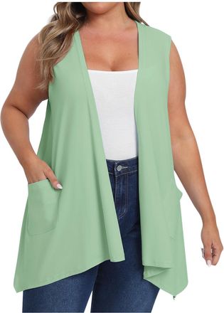 Generic Women Sleeveless Cardigans Solid Color Basic Chic Vest with Pocket Ladies Tops for Jeans Turn Down Street Beach Holiday Elegant Shawl Lightweight Stre