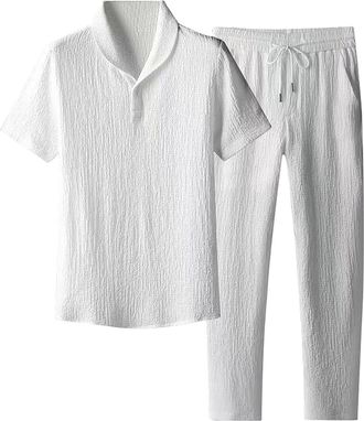 Generic Leisure Suit Mens Summer Long Trousers Loose Fit: Work T-Shirt Mens Cotton Casual Trousers Comfortable Summer Shirt Breathable Short Sleeve Shirt Plai